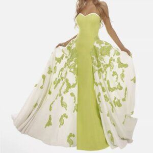 JANIQUE by Kourosh W1376 SEQUIN FLORAL PANEL CHARTREUSE/IVORY STRAPLESS GOWN  4
